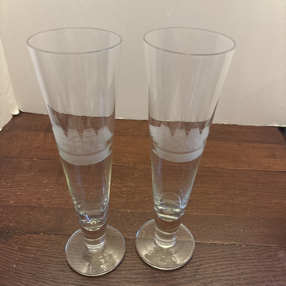 Etched Pilsner Glasses, Set of 2, Clipper Collection by‎ Toscany, Blown Glass